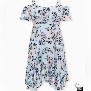 TORRID Light Blue Floral Gauze Cold Shoulder
Handkerchief Mini Dress